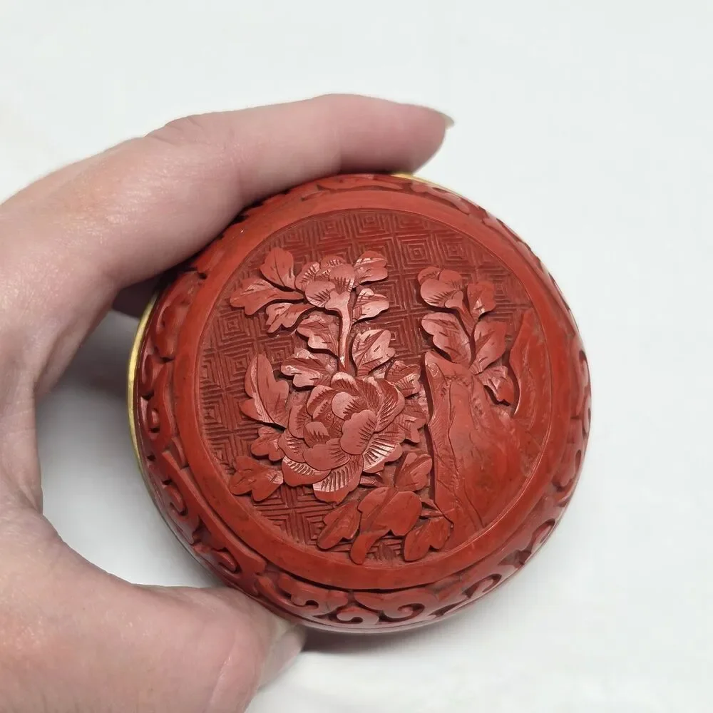 Vintage Chinese Carved Cinnabar Lacquer Trinket Box Floral Blue Enamel Interior